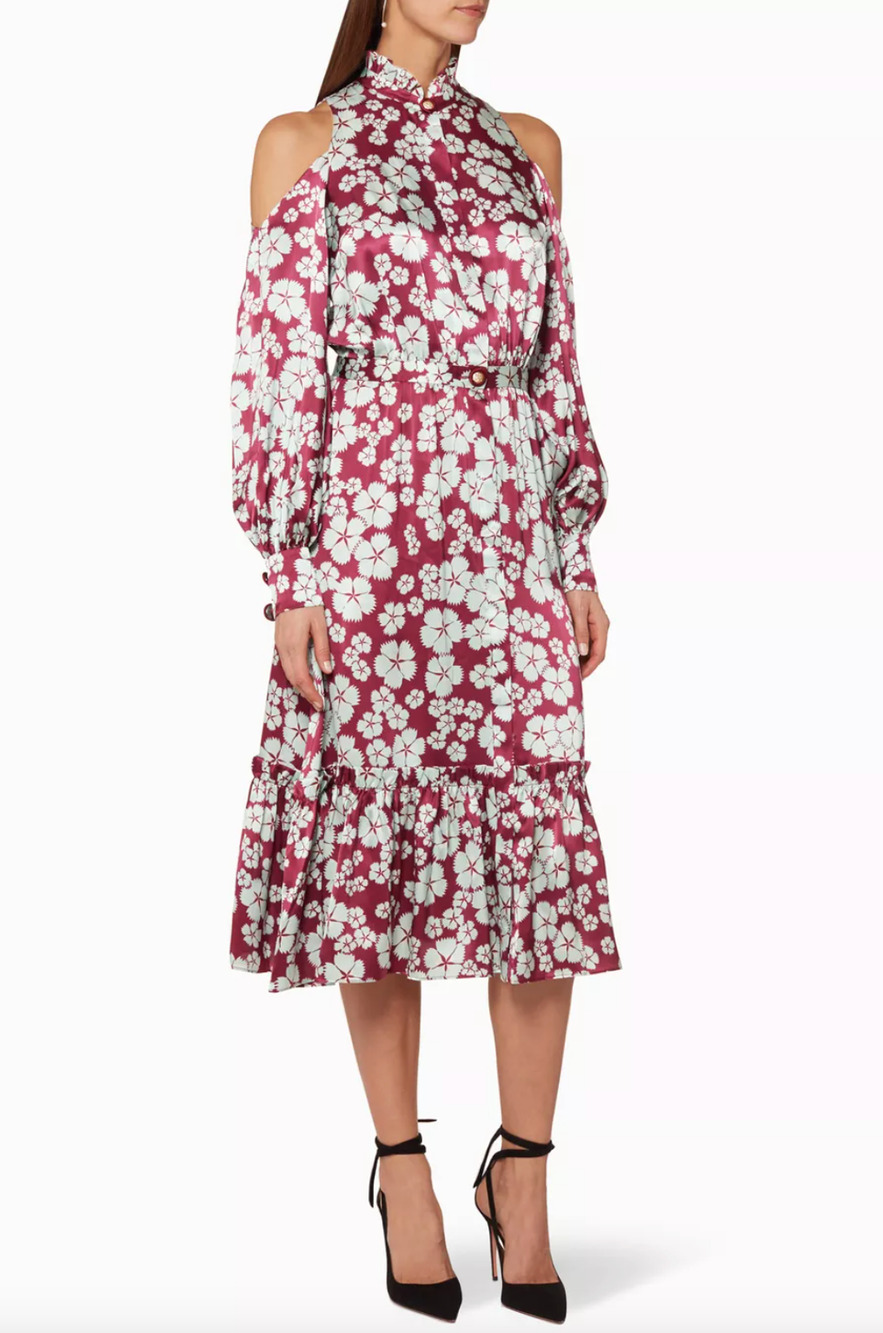 Alexis Elora Midi Dress Silk Floral Print Open Shoulder Small Boho Romantic